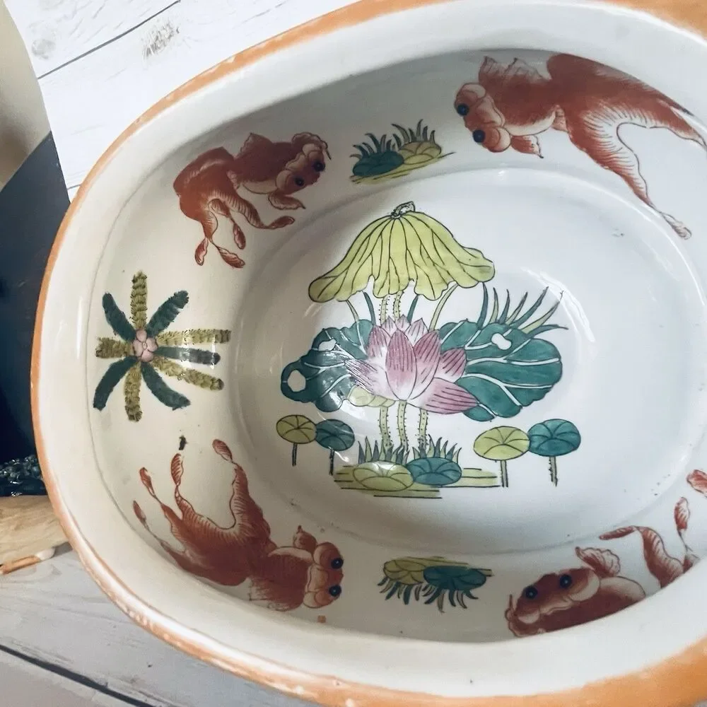 Vintage Oval Handled Imari Style Jardiniere Decorative Interior Fish & Lotus 13”